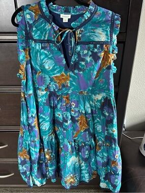 Sundance Seafoam Teal and Purple Floral Tie-Neck Dress
